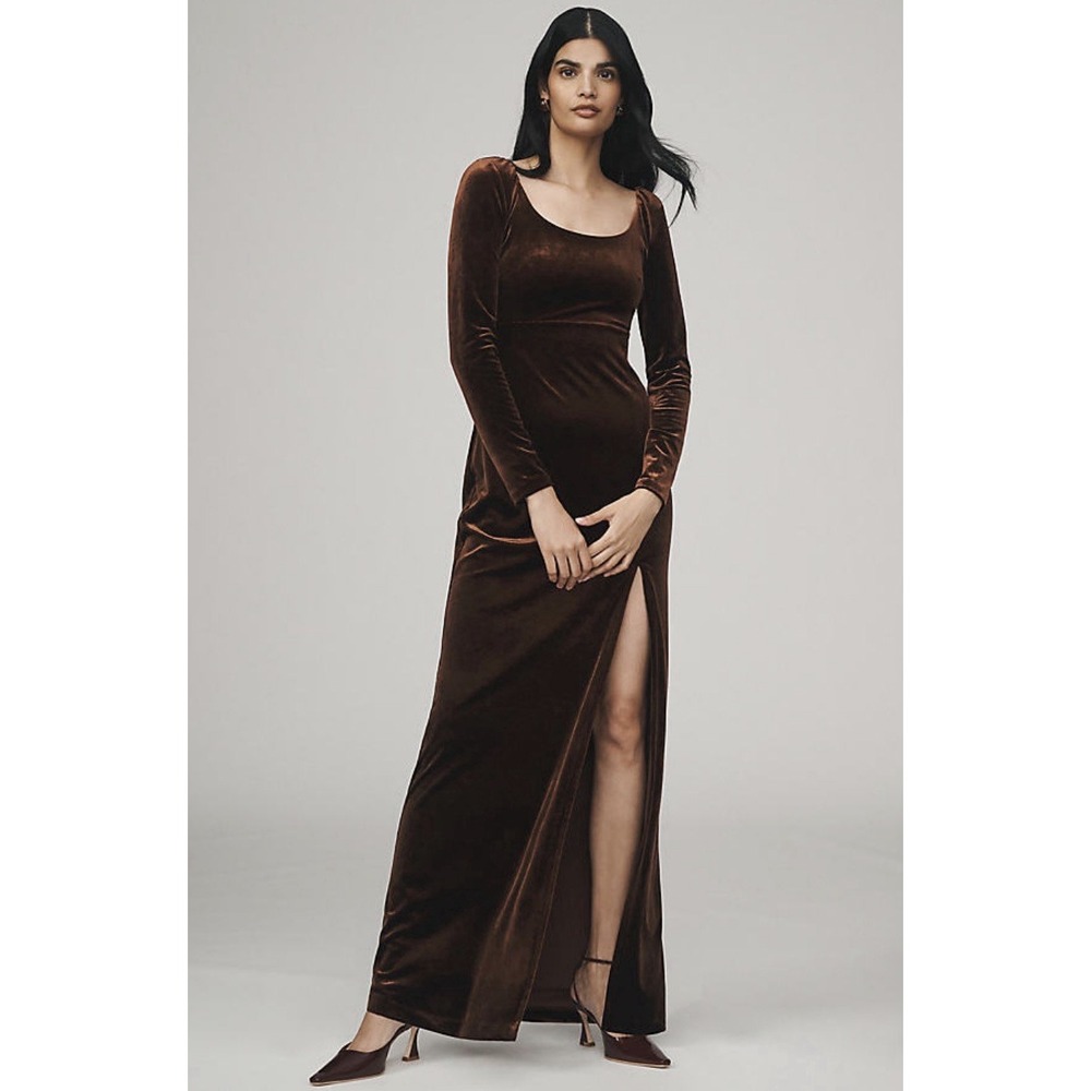 BHLDN Bella Long Sleeve Stretch Velvet Maxi Dress Brown Small NWT $248 Anthro
